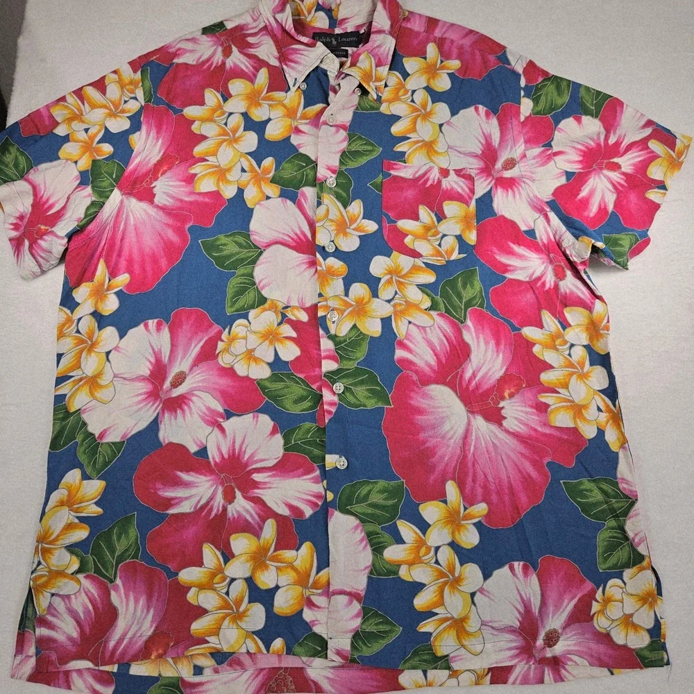 Vintage Ralph Lauren‎ Mens XL Tropical Floral Hibiscus Viscose Short Sleeve